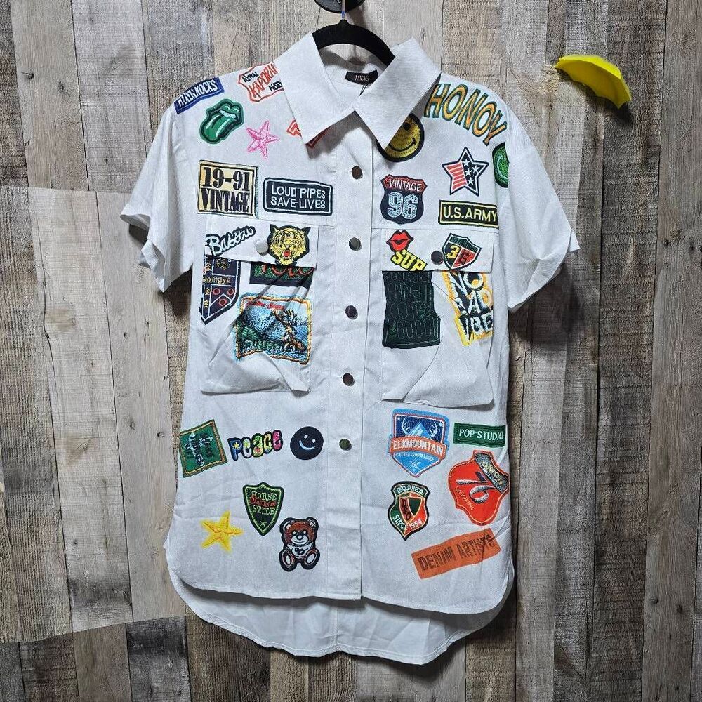 Micas Patch Graphic Button Up Shirt Small NWT Streetwear Grunge Trendy